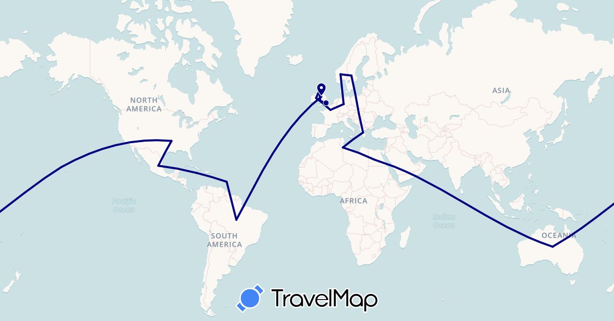 TravelMap itinerary: driving in Australia, Barbados, Brazil, Germany, Egypt, United Kingdom, Greece, Ireland, Mexico, Norway, Sweden, United States (Africa, Europe, North America, Oceania, South America)